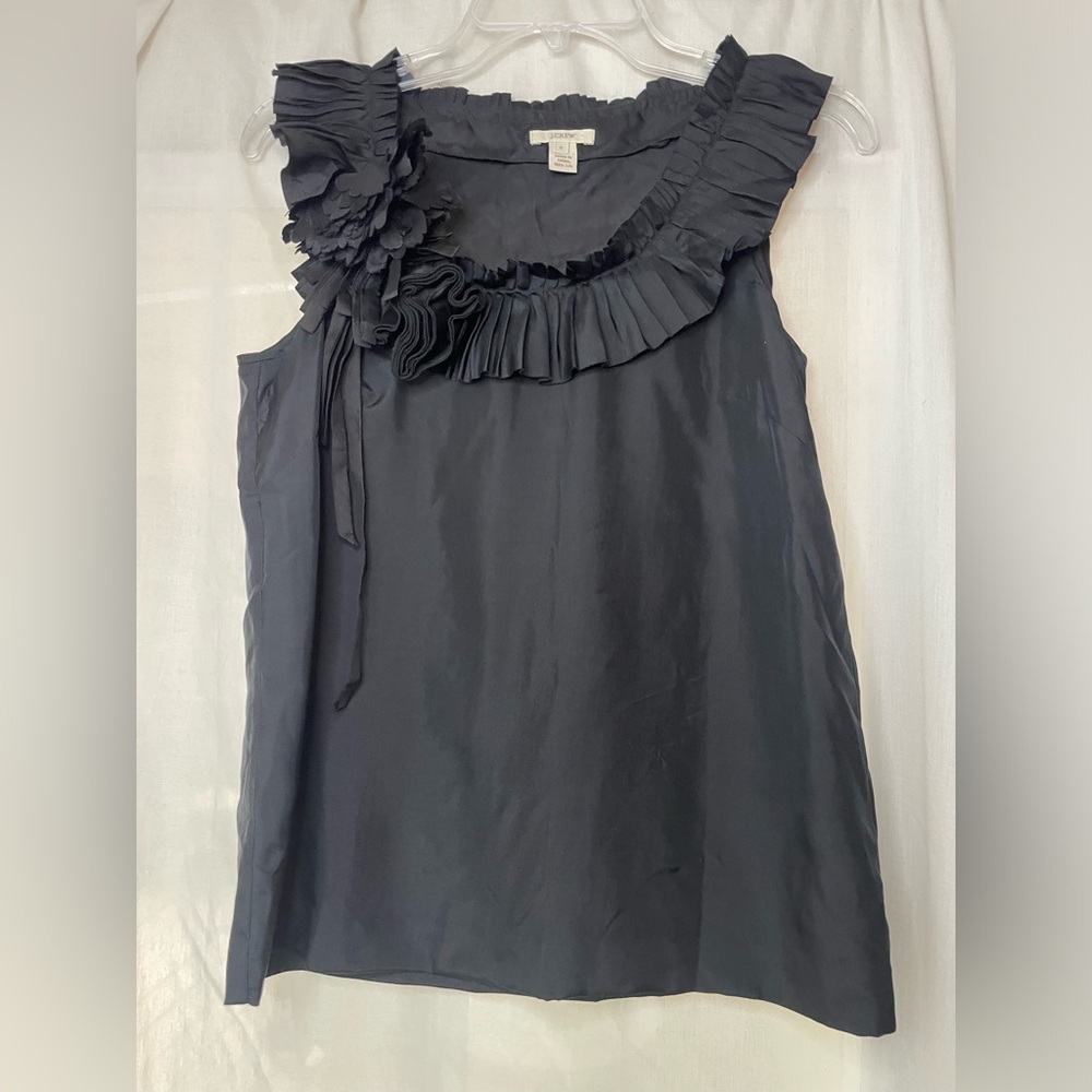 J. CREW 100% silk  Black sleeveless top--scoop neckline w/ frills.  Size 2 A029